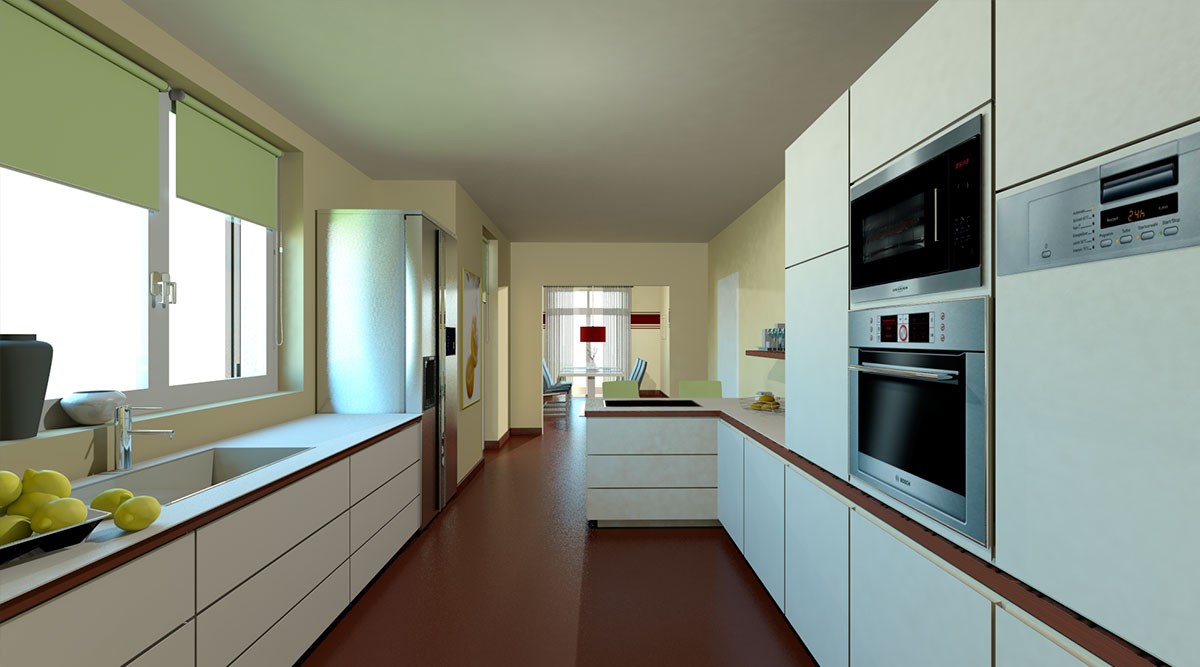 3D-Darstellung einer Kücheneinrichtung im puristisch-modernen Stil