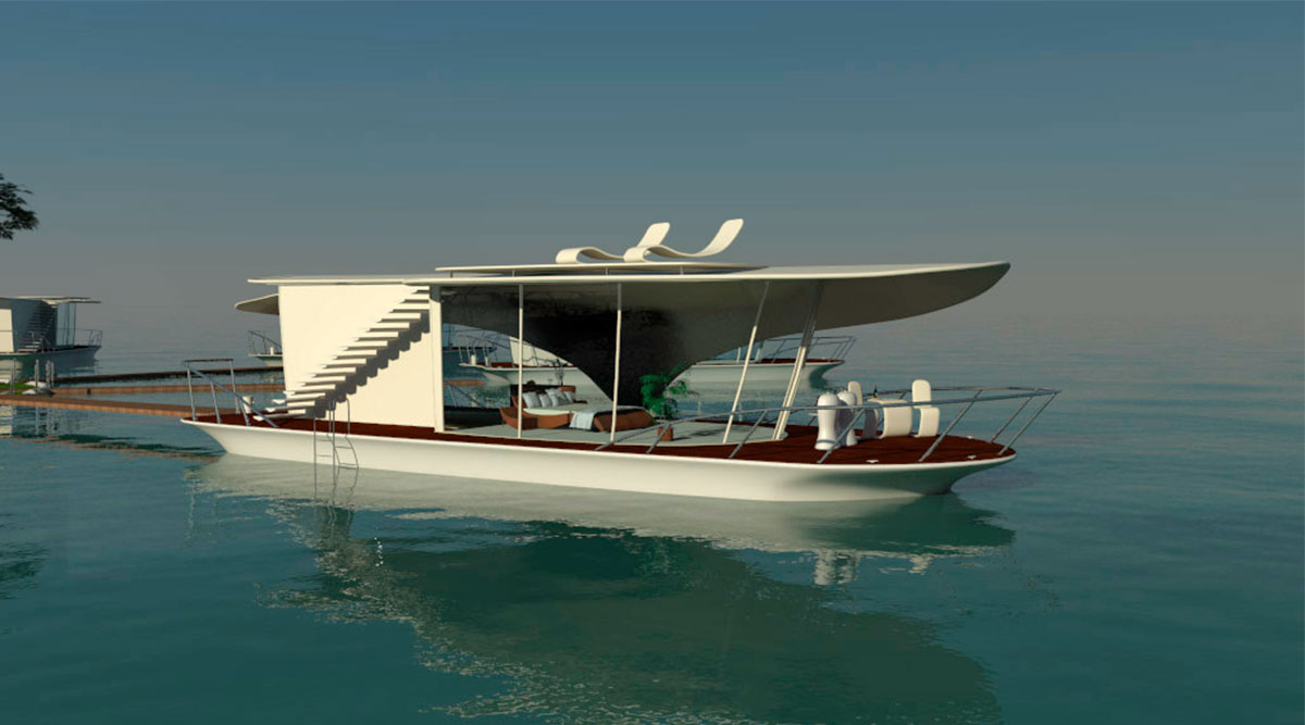 3D-Visualisierung Hausboot einer Hotelanlage