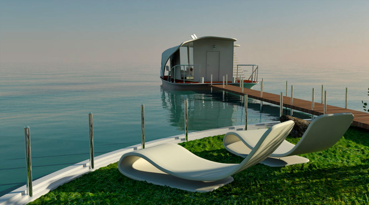 3D-Visualisierung modernes Hausboot mit Stegzugang