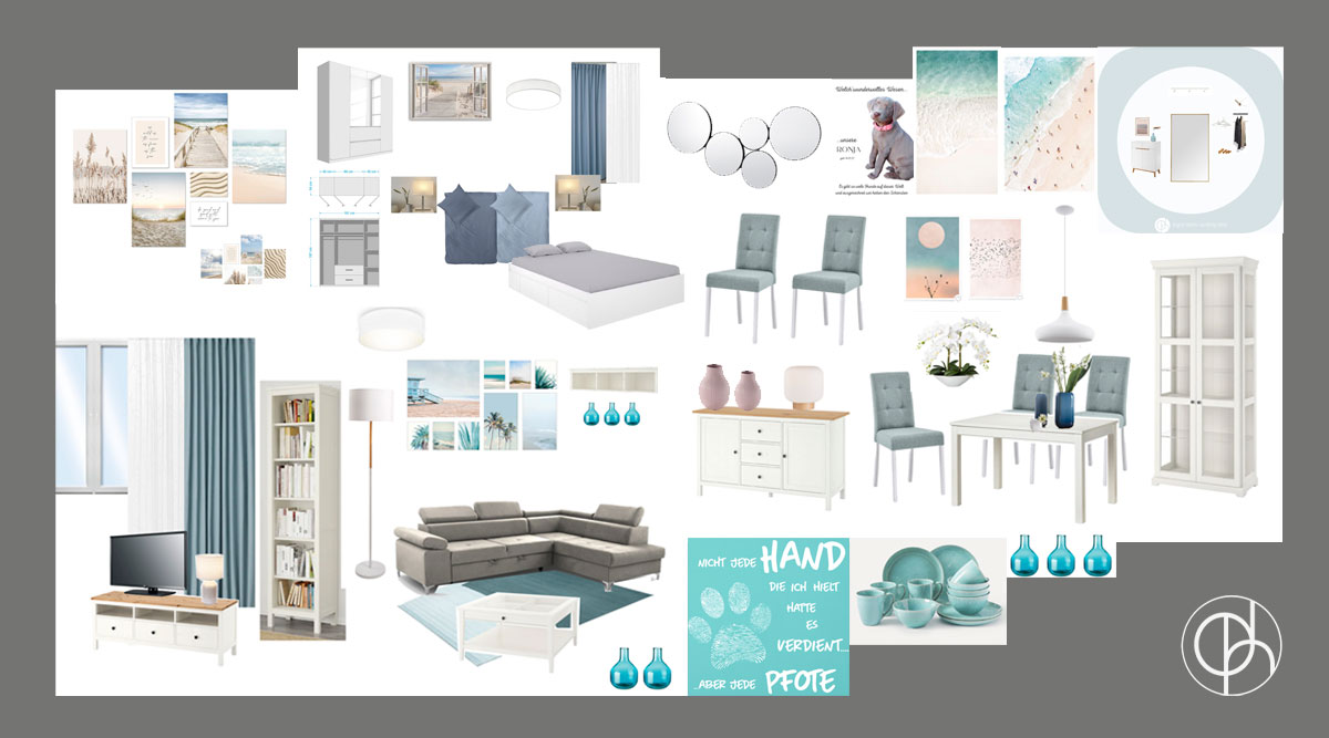 Raumkonzepte Online: Fotos Moods Wohnzimmer und Essbereich, Weiß, Blau, Türkis